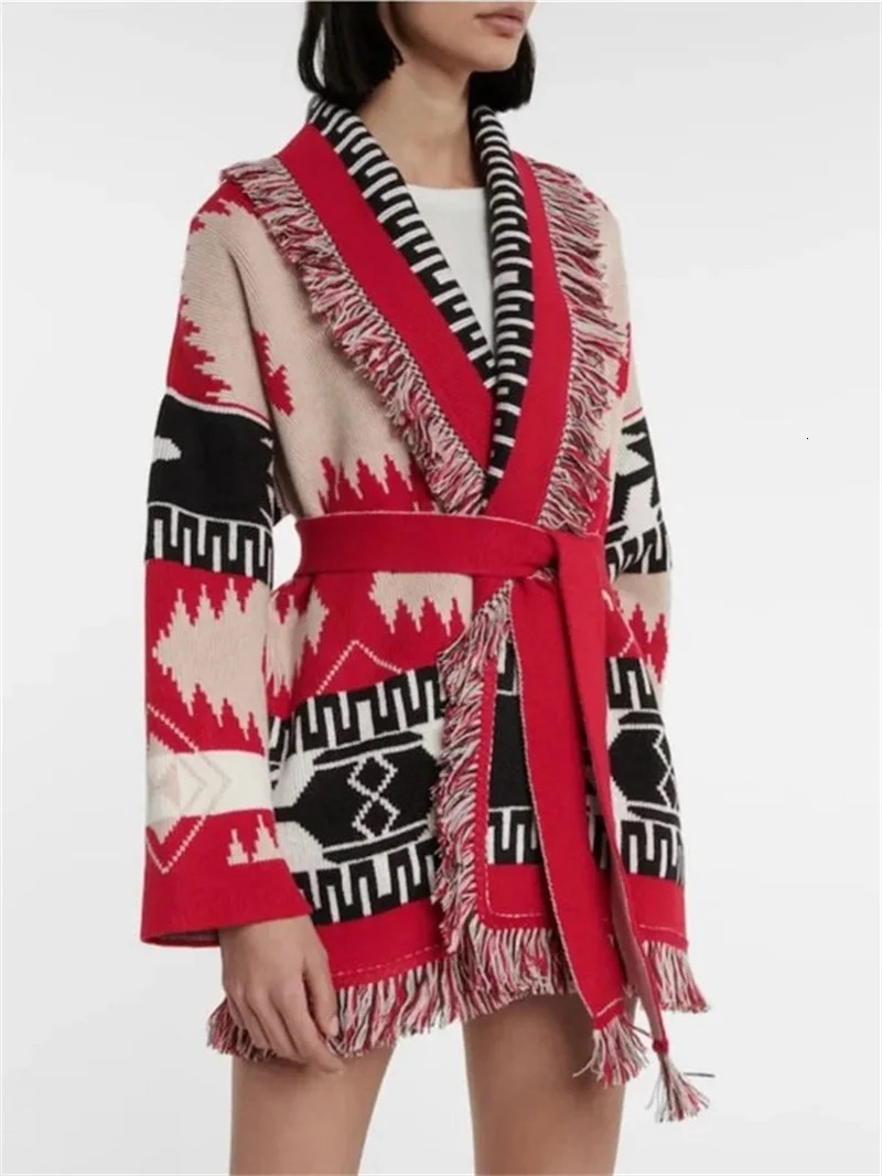 HIGH QUALITY Ethnic Boho Gypsy Bohemian Stylish Womens Cashmere Wool Jacquard Print Fringed Belted Wrap Cardigan In Red 250103