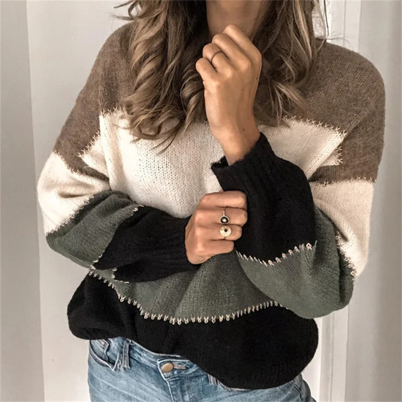 Autumn Winter Warm Color Blocking Sweater Women Lantern Long Sleeve Knitwear O Neck Jumpers Female Casual Loose Knitted Tops 250103