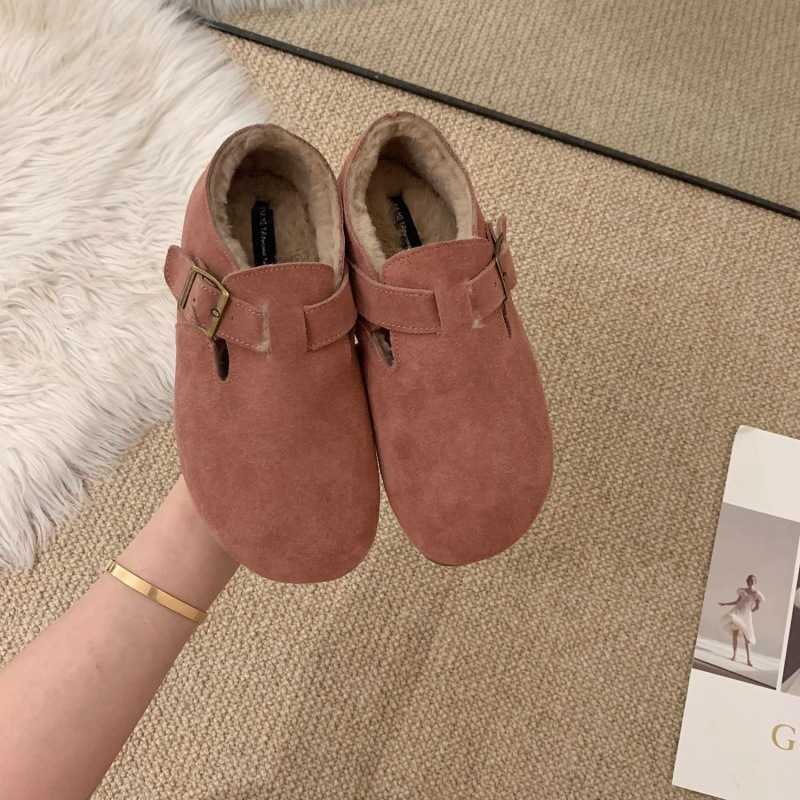 2025 slides slippers clogs Mao Shoes with Velvet Boken Single Shoes for Women Autumn/Winter Bean Shoes One Step Shoes Le Fu Shoes Leather Warm Cotton 