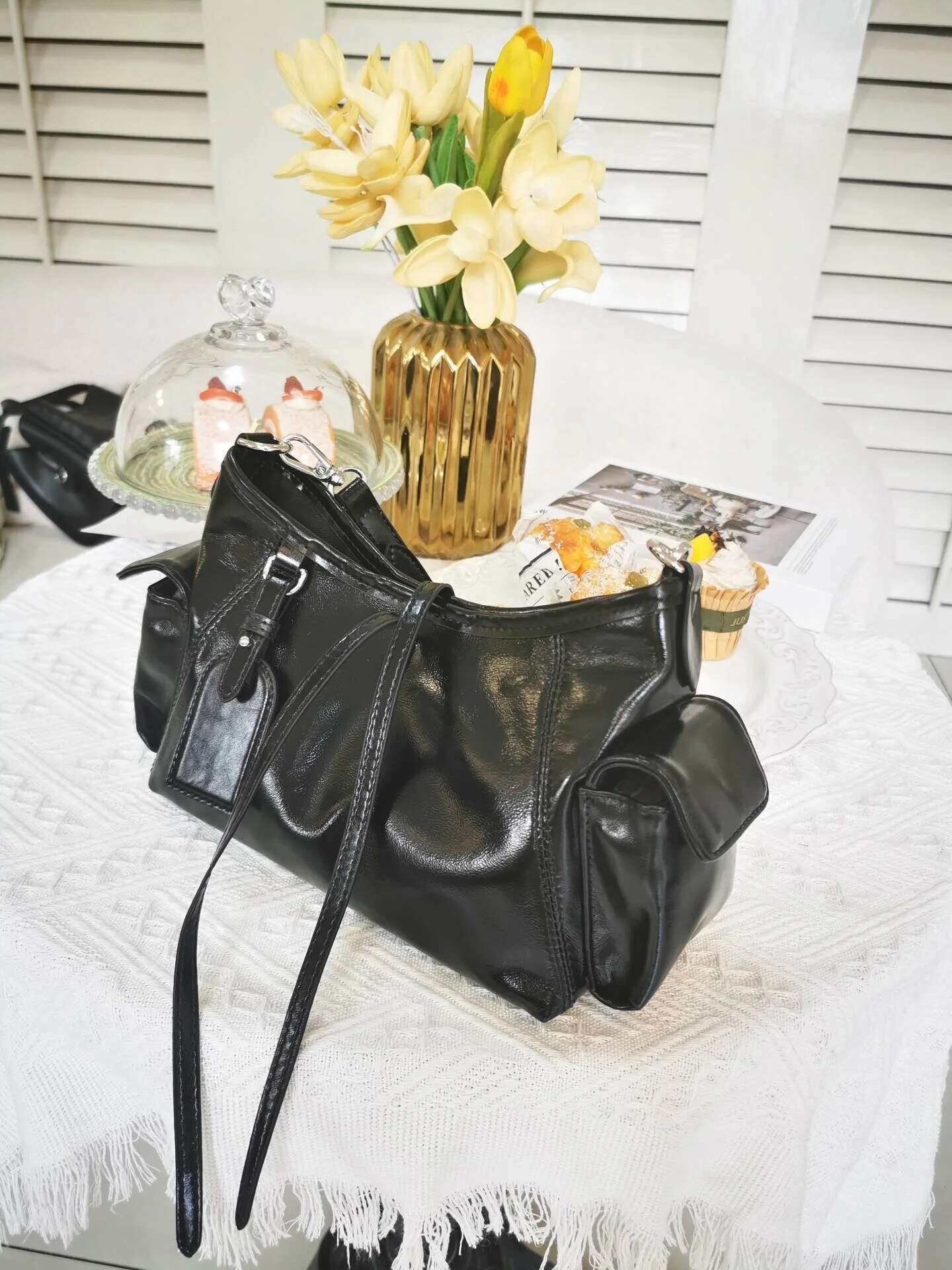 Genuine Leather Women's Black Warrior Design Fashion Bag 2025 New Tote Carryall Shoulder Crossbody Bag