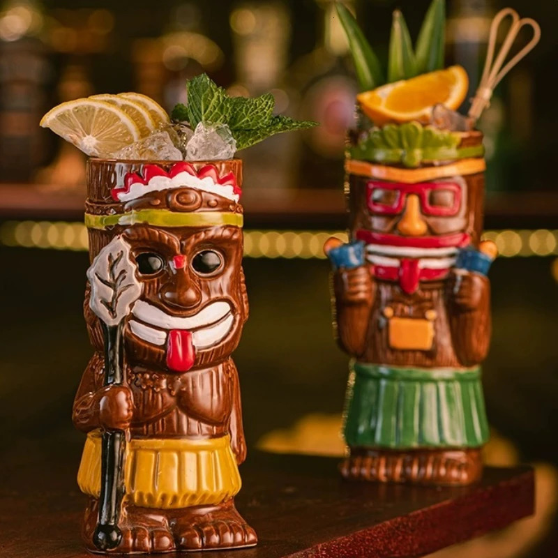 Hawaiian Style Brown Tiki Mug Creative Cocktail Mug Cup Zombie Ceramic Tiki Mug Drinkware Cup Mug For Tiki Bar Party 250106