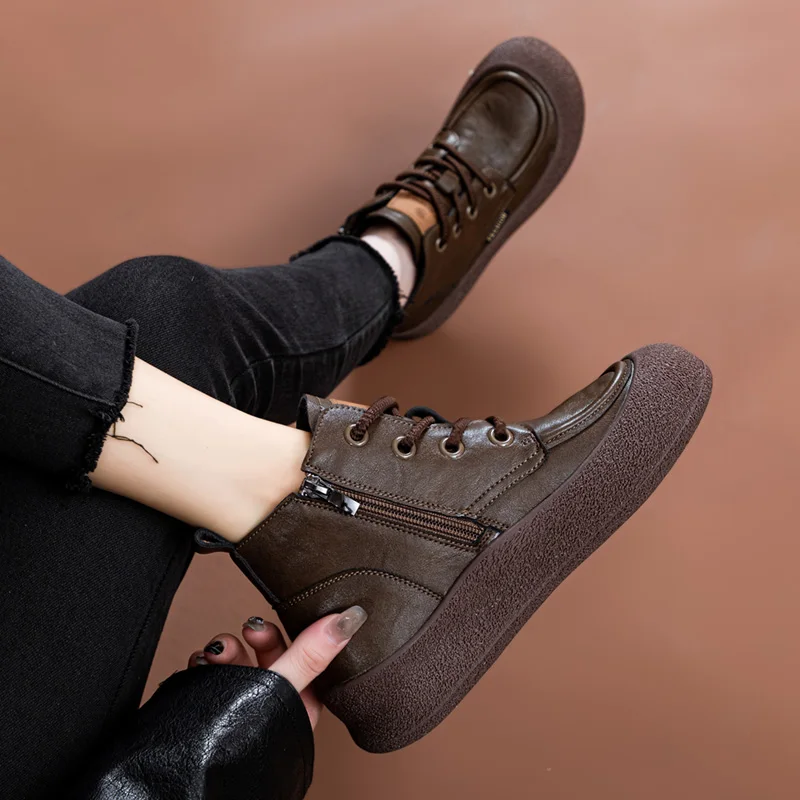 AIYUQI Boots Women Vintage Autumn Flat Women's Ankle Boots Fashion Plus Size Round Toe Lace-Up Booties Ladies