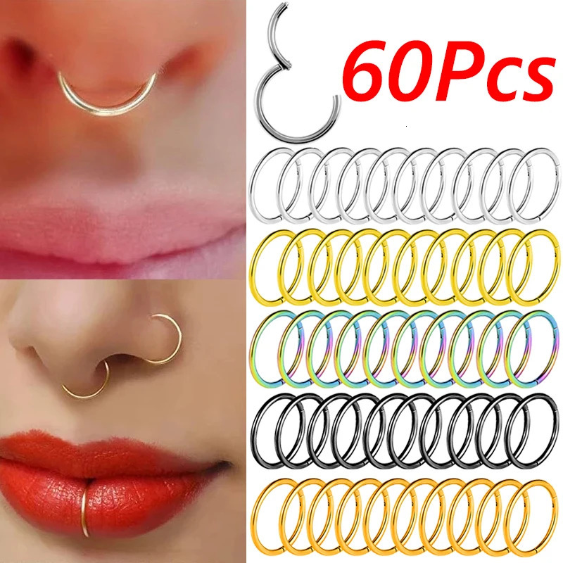 60Pcs 6/8/10/12mm Steel Small Nose Rings Stud Mixed Color Body Clips Hoop For Women Men Cartilage Piercing Punk Jewelry 250103