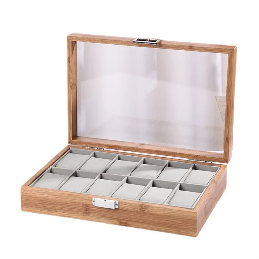Classic bamboo case with glass cover jewelry dustproof storage box watch collection box desktop organizer 250102
