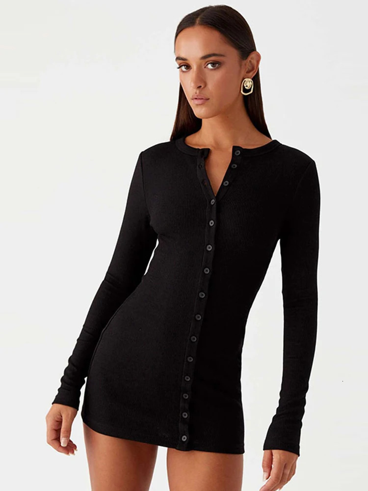 Sexy mini dress womens elegant O-neck single chest full sleeve womens dress 2025 spring/summer fashion womens party vest 250103
