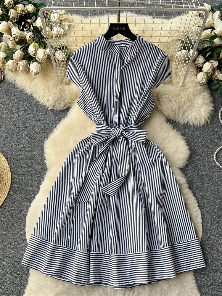 SINGREINY Office Lady Stripe Sundress Covered Button Belt Bow Short Sleeves Women Gentle Korean Style Summer Casual A Line Dress 250103