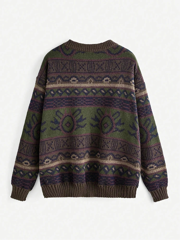 Autumn and Winter Retro Round Neck Simple School Geometric Pattern Knitted Sweater Off Shoulder 250103