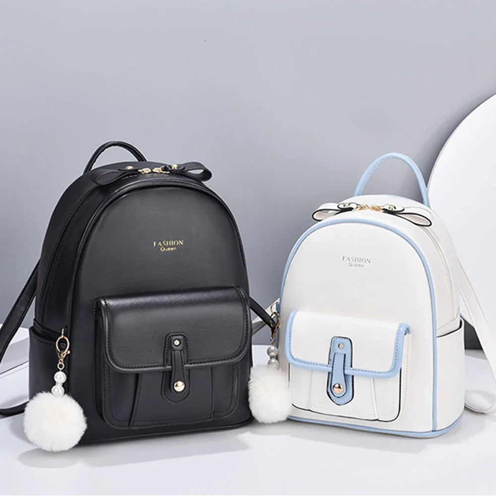 Simple Solid Color Pu Leather Shoulder Backpack Fashion Small Rucksack Cute Mini Travel Backpack Teenager Leather Backpacks 250102