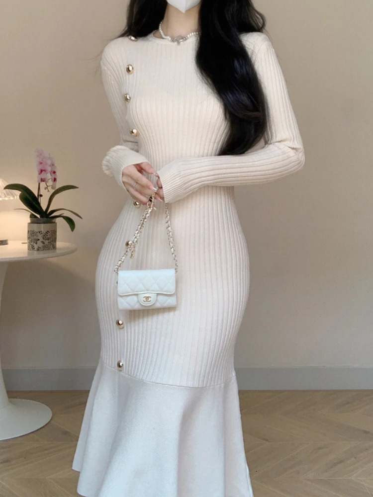 Korean Fashion French Knitted Dress Womens High Waist Fishtail Dress Autumn Winter Long Sleeve Elegant Tight Dress 250103