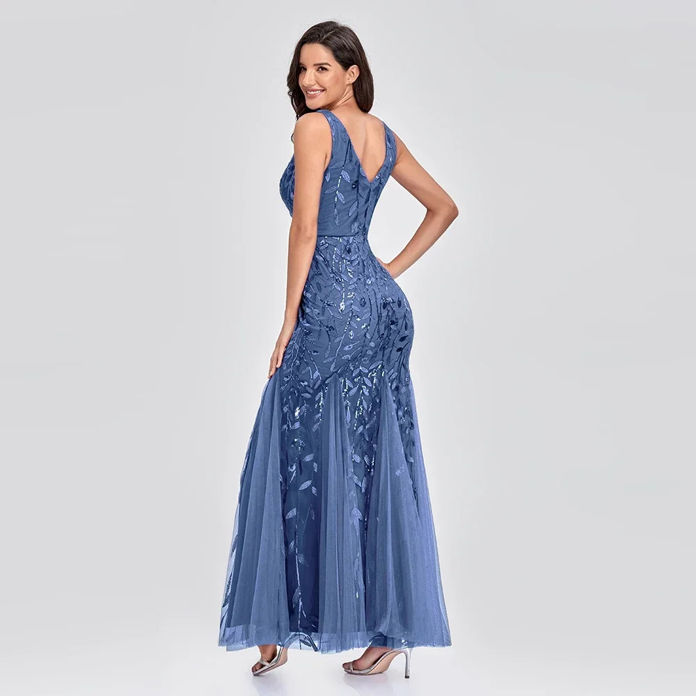 Womens sleeveless embroidered bead fabric evening dress V-neck elegant mermaid dress formal party dress runway stage 250103