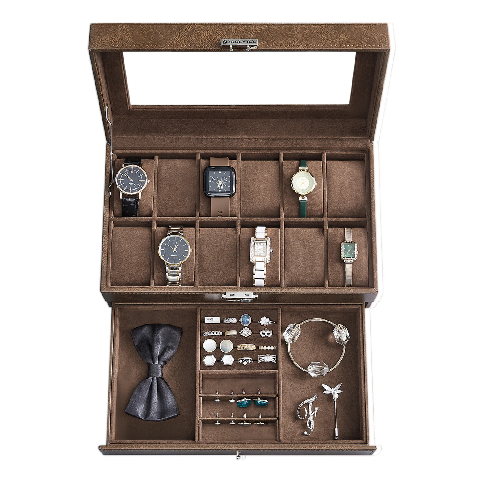 SONGMICS 12 slot watch box lockable watch box with glass cover 2 layers with 1 drawer used for rings and bracelets 250102