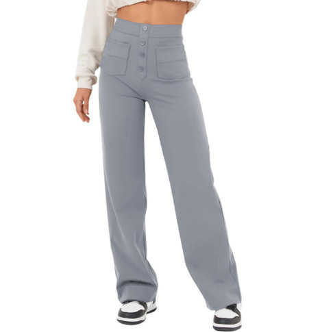 2023 Fashionable New Womens Casual Straight Leg Pants with High Waist Button Elastic Belt and Multiple Pockets