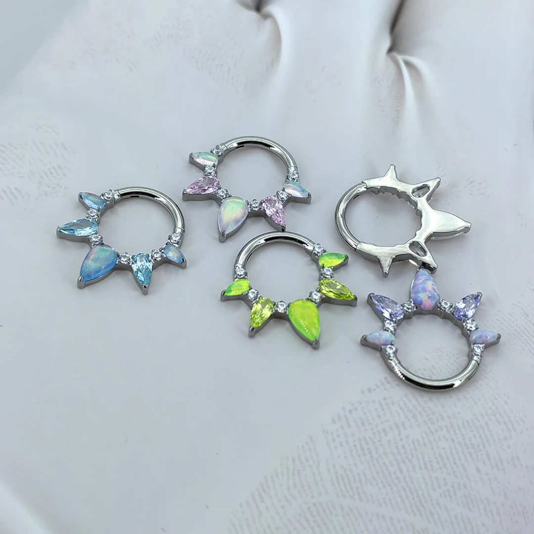 MDNEN ASTM F136 Water Drop Shape Magic Color Opal Clicker Nose Ring Segment Septum Piercing Jewelry 250103