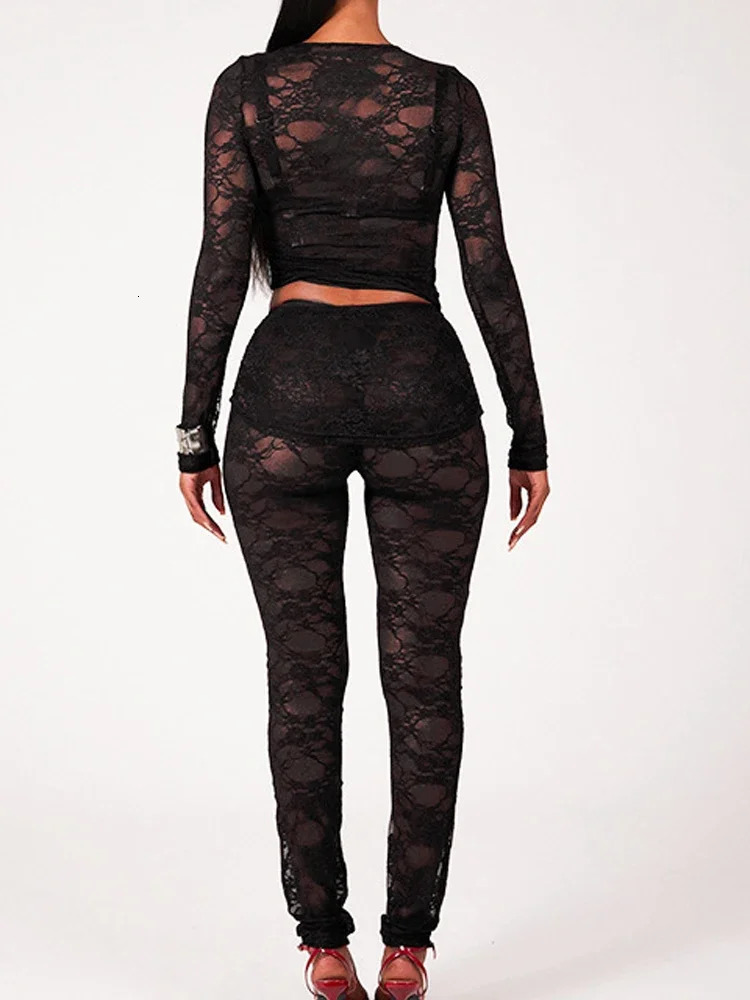Sexy Sheer See Through Two Piece Women Lace Legging Outfits 2025 Fashion Long Sleeve Tops and Ruffles Skirts Pants Matching Sets 250106