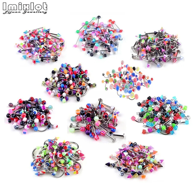 50/100PCS Mixed Acrylic Steel Body Piercing Jewelry Lot Bulk Nose Ring Tongue Bar Navel Eyebrow Lip Labret Piercing Set 250103
