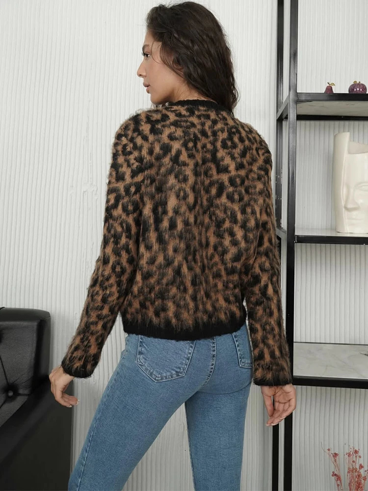 Trendix Leopard Print Sweater Women Winter Fashion Loose Long Sleeve Knit Cardigan Femme Street Casual Knitwear Coats 250103