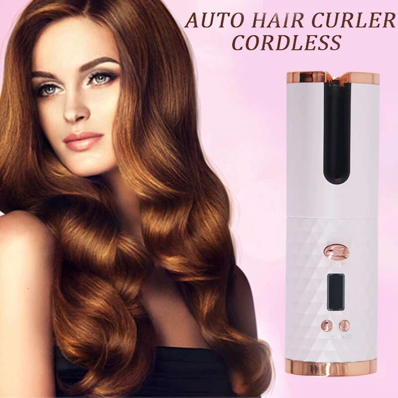 Cordless Auto Rotating Ceramic Hair USB Rechargeable Automatic Curg Iron LED Display Temperature Wave Curler Styler