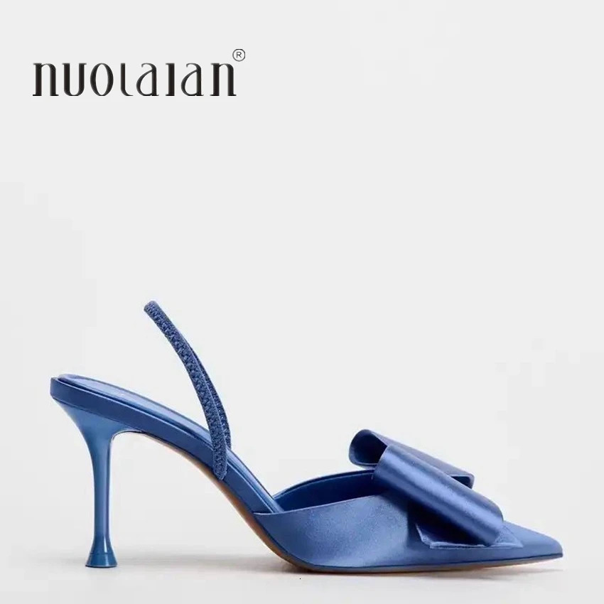 Fashion Bow knot High Heels Sandals Women 2024 Summer Slingback Pumps Vintage Satin Pointed Toe Heeled Elegant Party Lady Shoes 250103