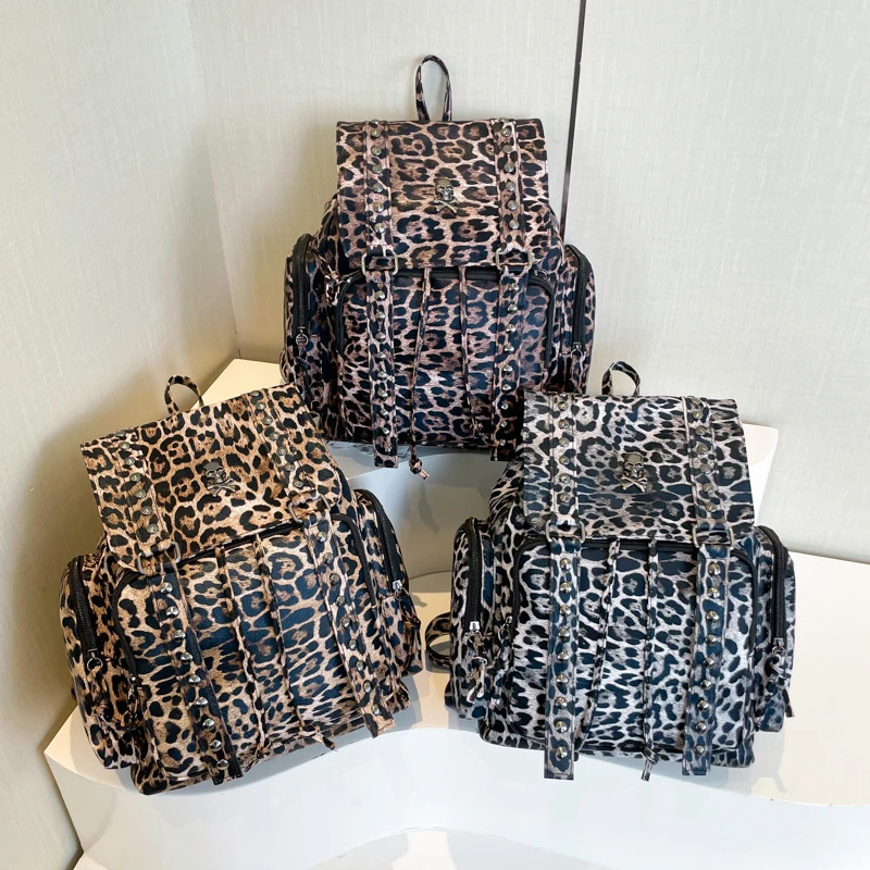 Leopard Colorblock Fashion PU Backpack Large Capacity Flap Drawstring Personalized Bags for Women Mochila 250102