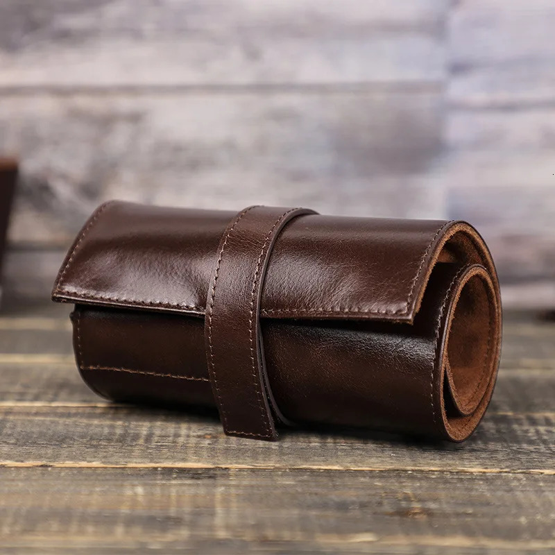 Leather watch box mens travel storage bag luxurious retro oil wax leather roll packaging box 250102
