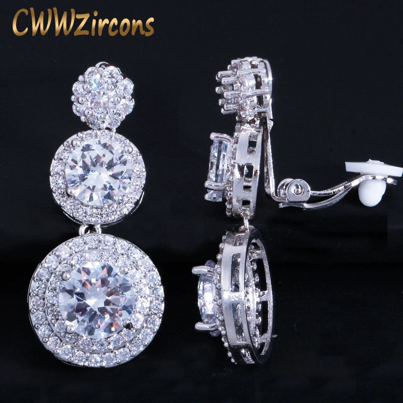 CWWZircons Clip on Ear Round Drop Cubic Zirconia Non Pierced Earrings Fashion Wedding Jewelry Womens Accessories CZ427 250103