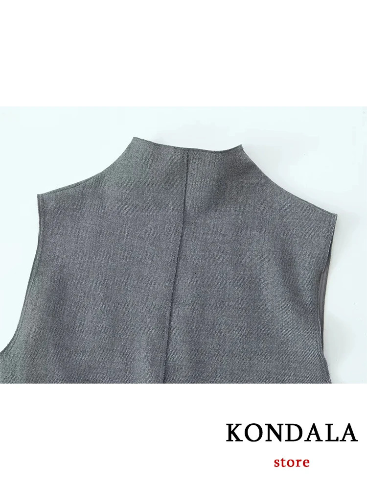 KONDALA Vintage Gray Straight Long Sleeveless Dress Women O Neck Front Split Sexy Party Fashion Autumn Winter Vestido 250103