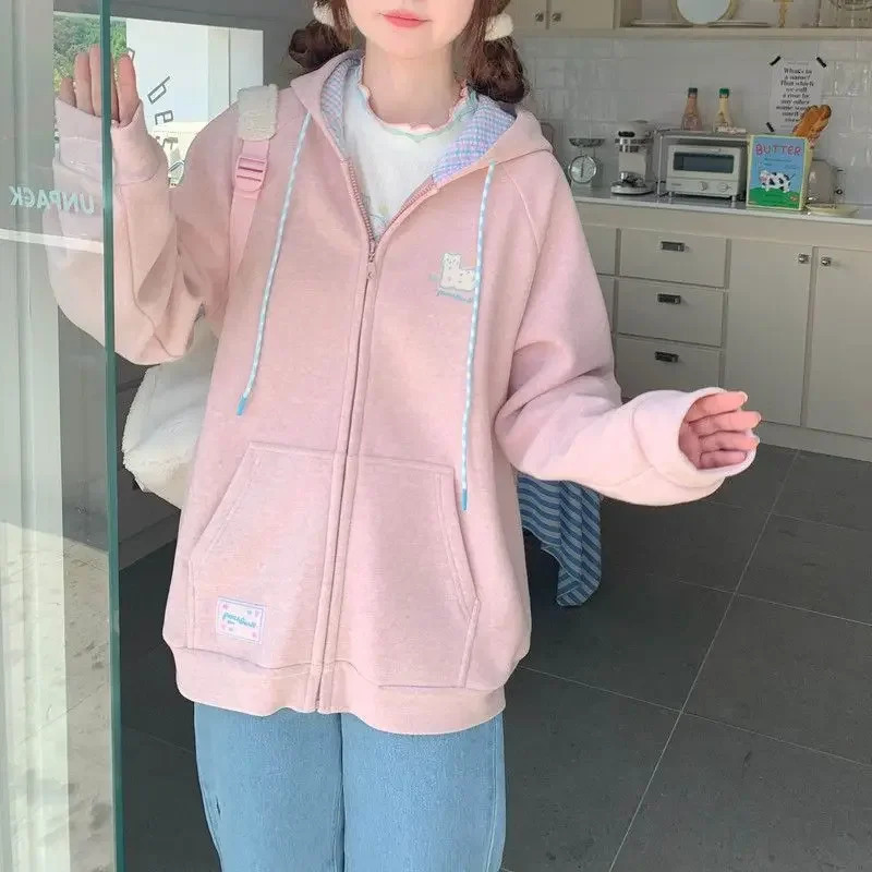 Embroidery Hoodies Women Clothing Street Fashion Patchwork Vintage Zip Up Hoodie Woman Loose Rest Sweatshirt Clothes Tops 250106