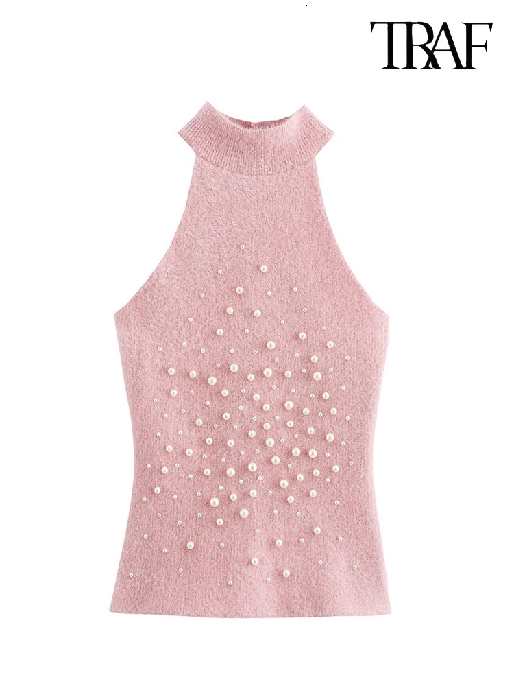 TRAF Womens Fashion Sweet Faux Pearl Embellished Pink Pullover French Sexy Sleeveless Strapless Design Slim Sweater Ladylike 250103