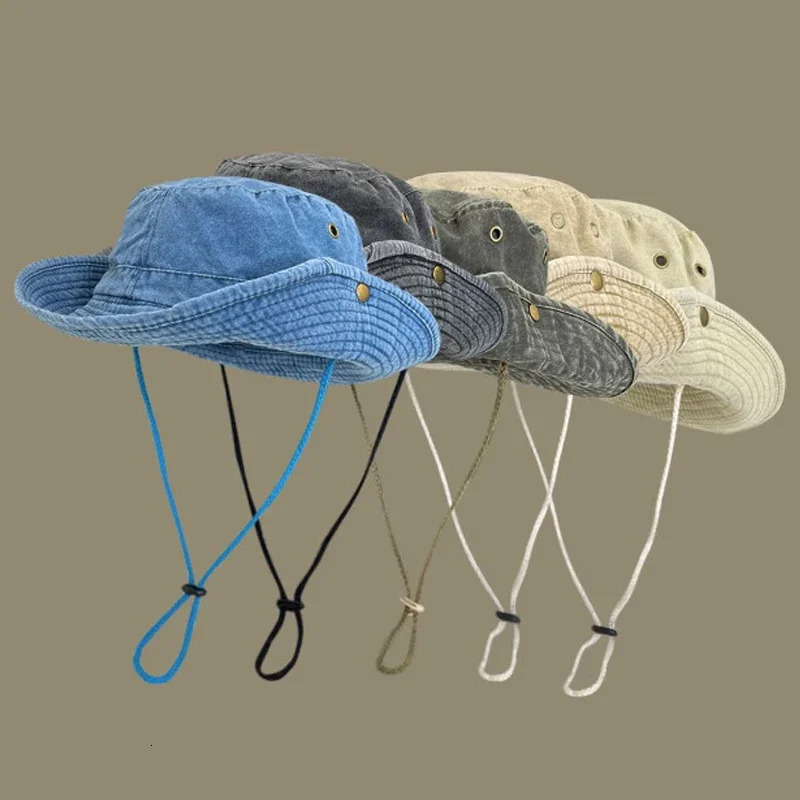 2025 Blue Cowboy Hiking Bucket Hats with String Men Denim Beach Sun Hat for Women Outdoor Couple Bob Panama Summer Fisherman Cap 250106
