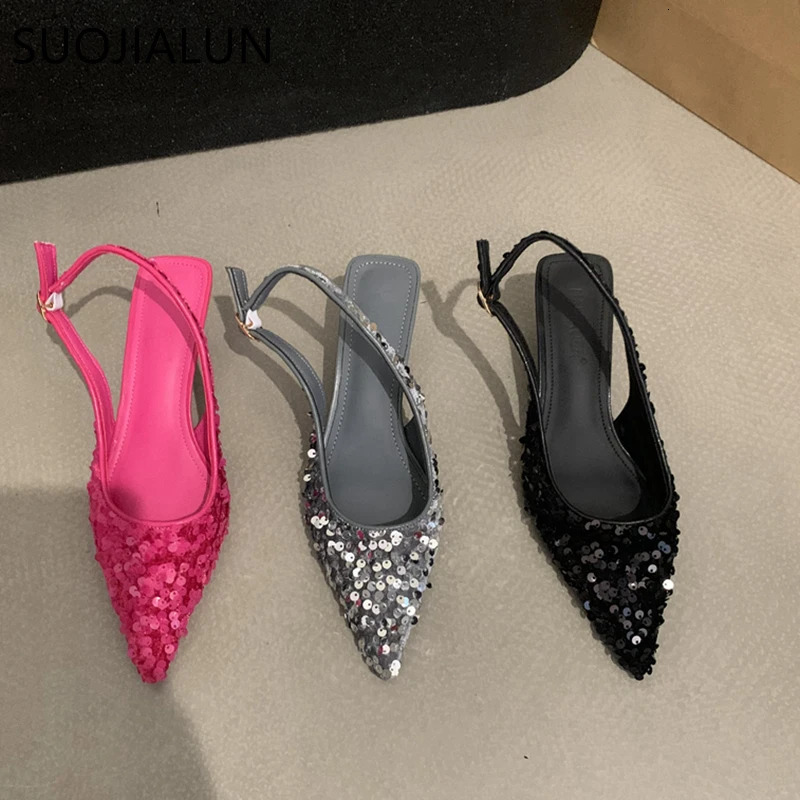 SUOJIALUN Bling Women Sandal Fashion Pointed Toe Shallow Slip On Ladies Elegant Slingback Shoes Med Heel Pumps Shoes 250106