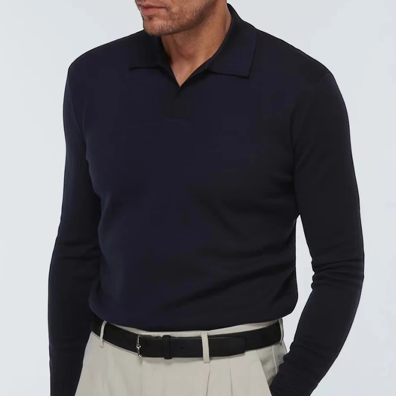 High quality mens autumn/winter style lapel knitted sweater business casual long sleeved polo shirt 250103