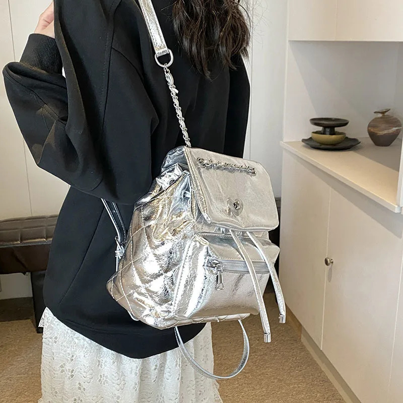 Laser Shiny Patent Leather Womens backpack Casual Chain Drawstring Lock Bucket School Bag Travel Bag 250102