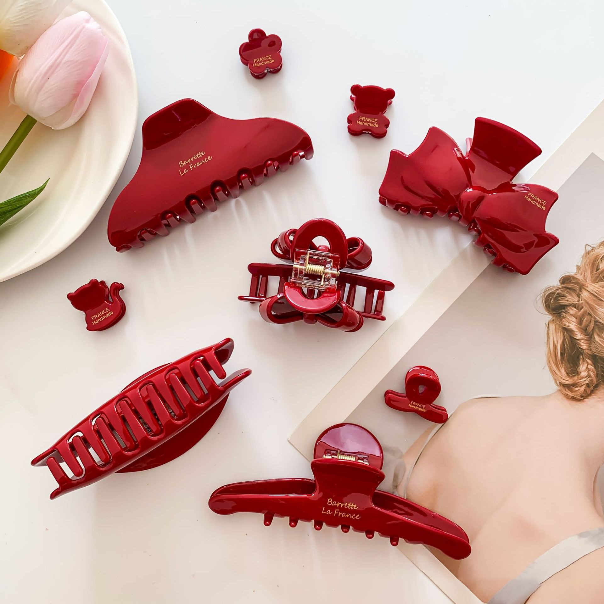 Red Bow Acetate Grab Clip Premium Feeling Shark Clip Tanabata Valentine's Day French Fashion Back of the Head Hair Clip Female