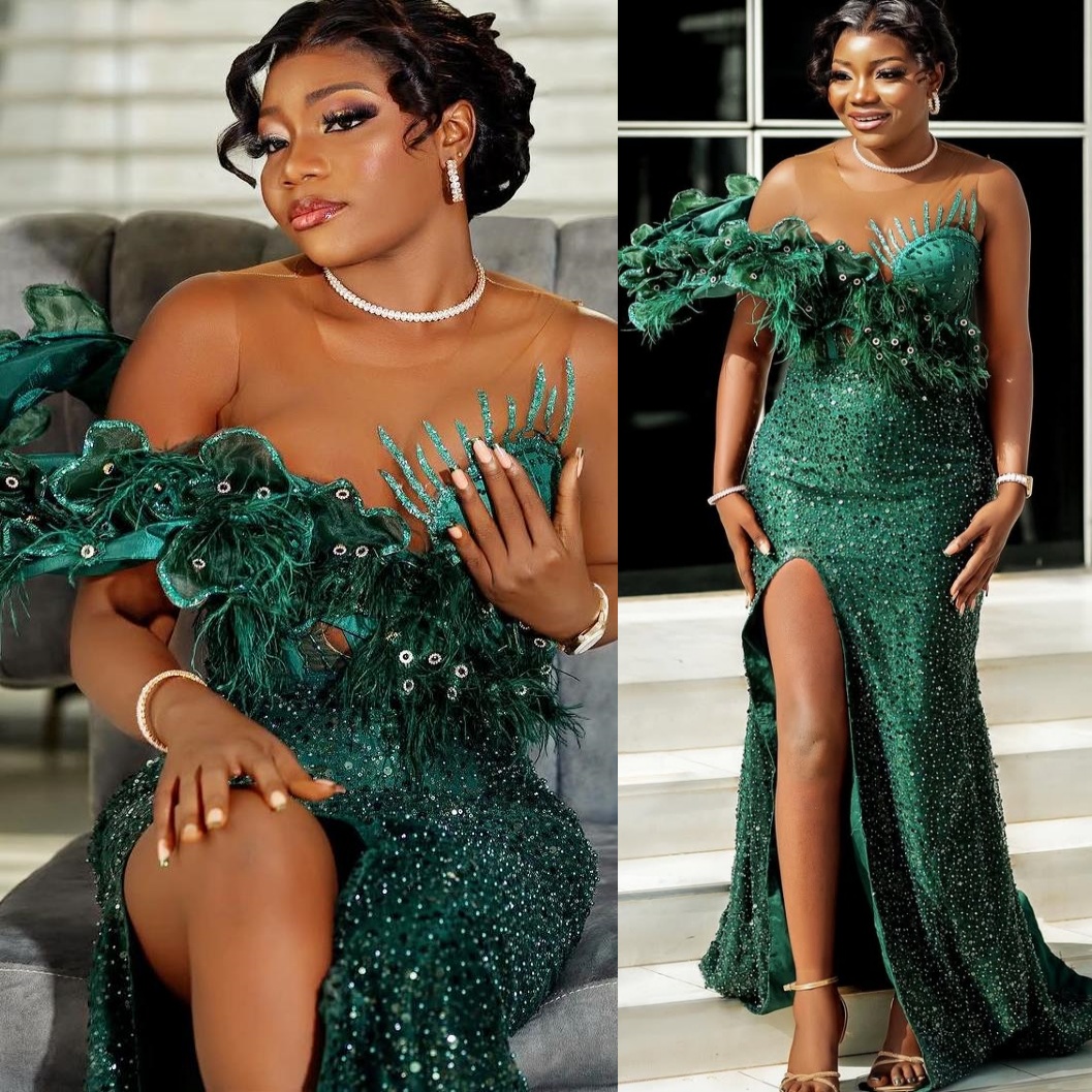 Dark Green Mermaid Prom Dresses 2025 Feather Crystals Florals Sequined Evening Formal Party Second Birthday Engagement Gowns Plus Size Dress For Speci