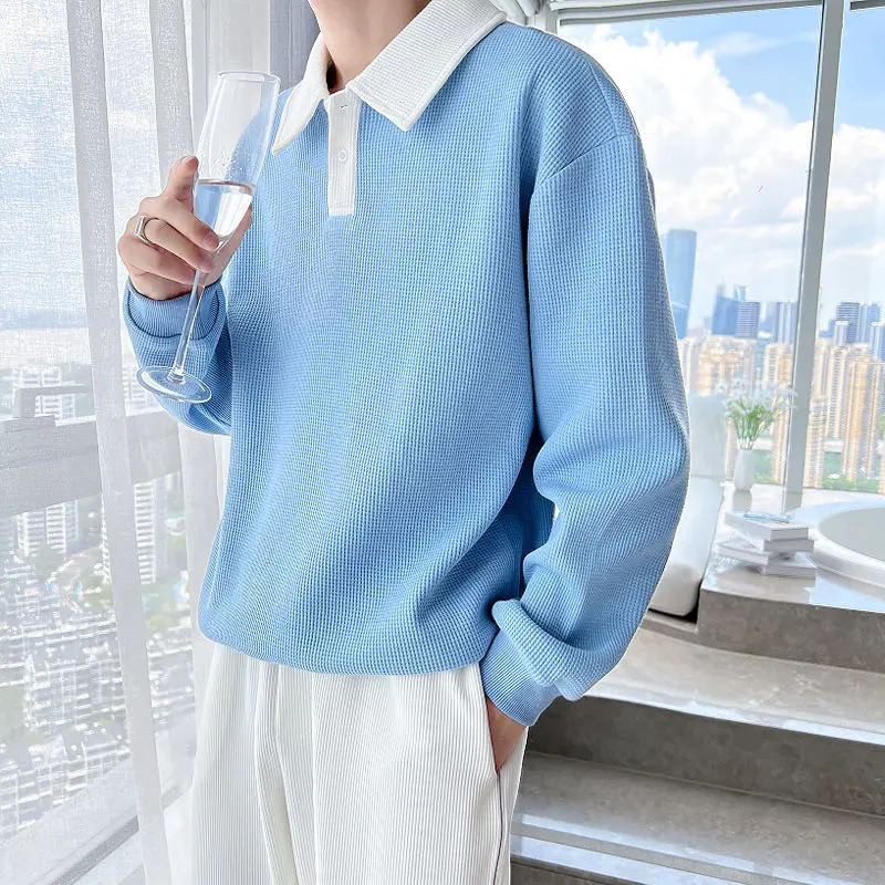 Autumn and Winter Fashion Polo Neck Solid Color Mens Clothing T-shirt Long Sleeve Floral Korean Embroidery Chaopai Youth Top 250103