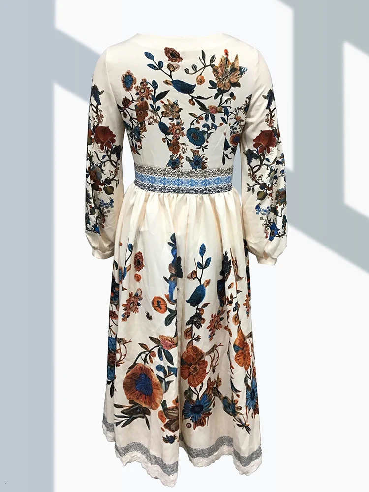 Bohemian womens lace patch work long skirt with floral and plant patterns V-neck long sleeved womens clothing 250106