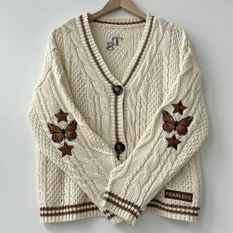 Autumn Leaves Knitted Cardigan Women Red Maple Leaf Embroidered Oversized Folklore Girl Fall Winter Low Vneck Sweater 250103