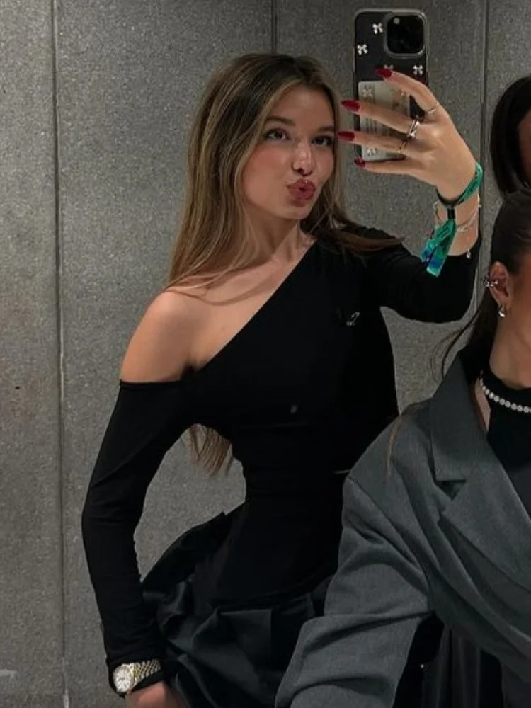Elegant Diagonal Collar Long Sleeved Womens Short Dress Off Shoulder Pleated Slim Fit Vestidos Lady Evening Black Gown 250103