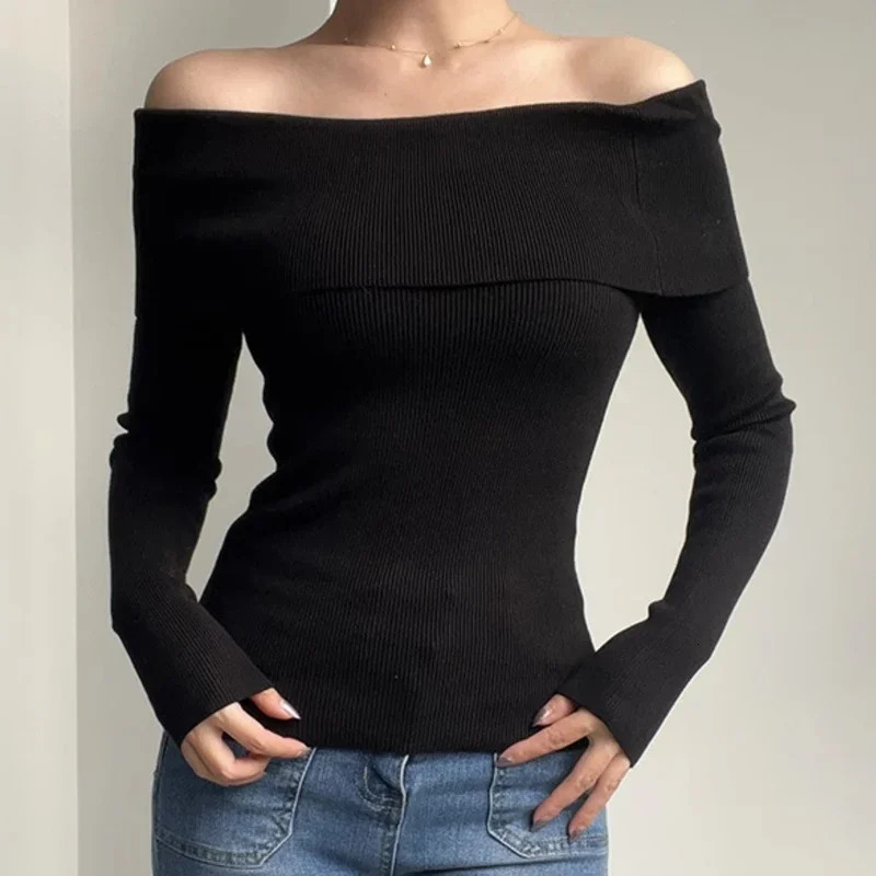 Black Sexy Off Shoulder Knit Tops Solid Slash Neck Long Sleeved Slim Fit Sweater White Elegant Pullover Sueter Mujer 31042 250103