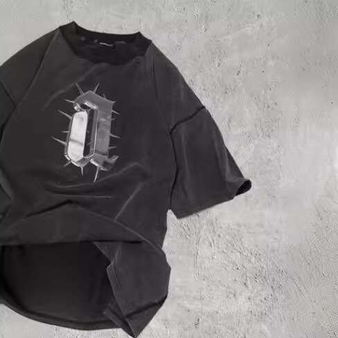 Vintage High Street Washed Black Metal Letter Printed Short Sleeve T-shirt for Men and Women