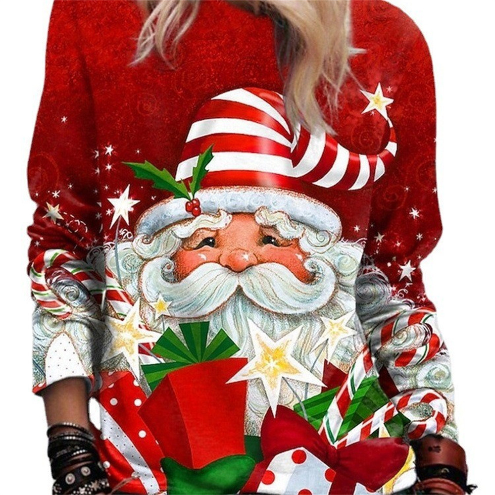 New Model With Free Shipping Women's New Top Loose Round Neck Printed Long Sleeved T-shirt