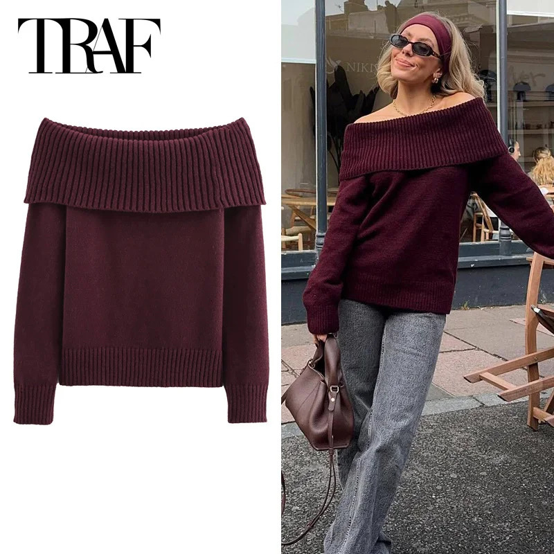 TRAF Womens Sweater OffShoulder Knitwear Pullover Burgundy Long Sleeve Top Jumper Oversized Sweaters Christmas Jersey 250103