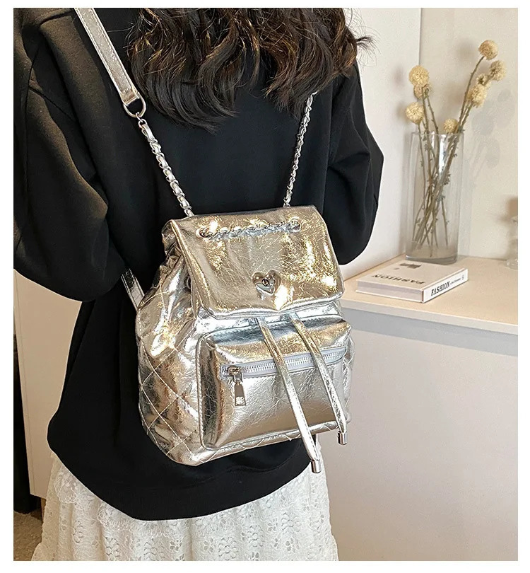 Laser Shiny Patent Leather Womens backpack Casual Chain Drawstring Lock Bucket School Bag Travel Bag 250102