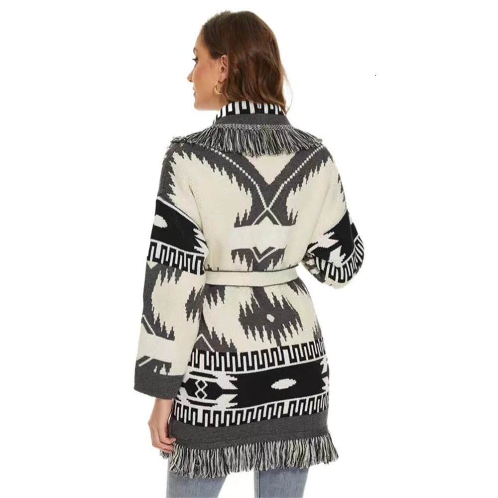 Fashion Bohemian Winter Womens Jacquard Pattern Cashreme Wool Cardigan Tassel Oversize Sweater Female Coat 250103