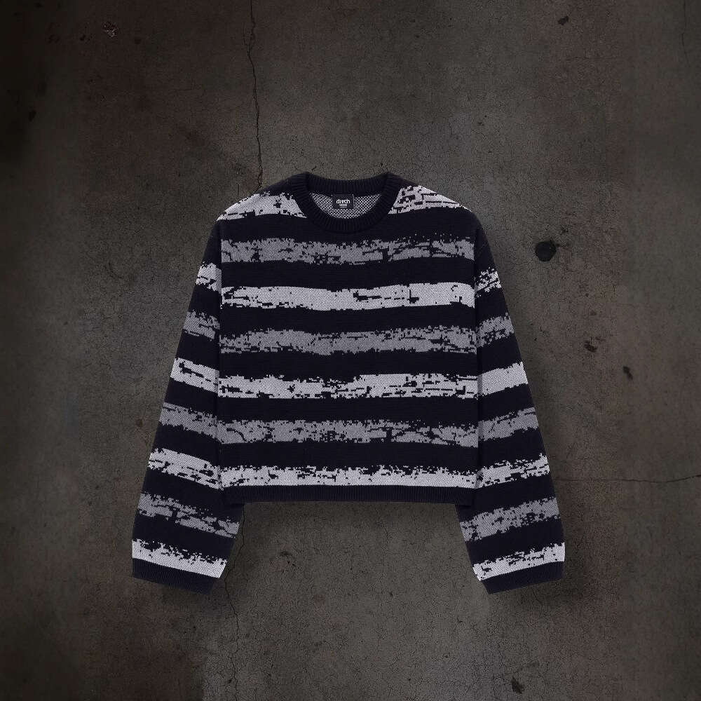 Knitted Striped Jacquard Pattern Round Neck Long Sleeve High Street Loose Sweater Dark Style