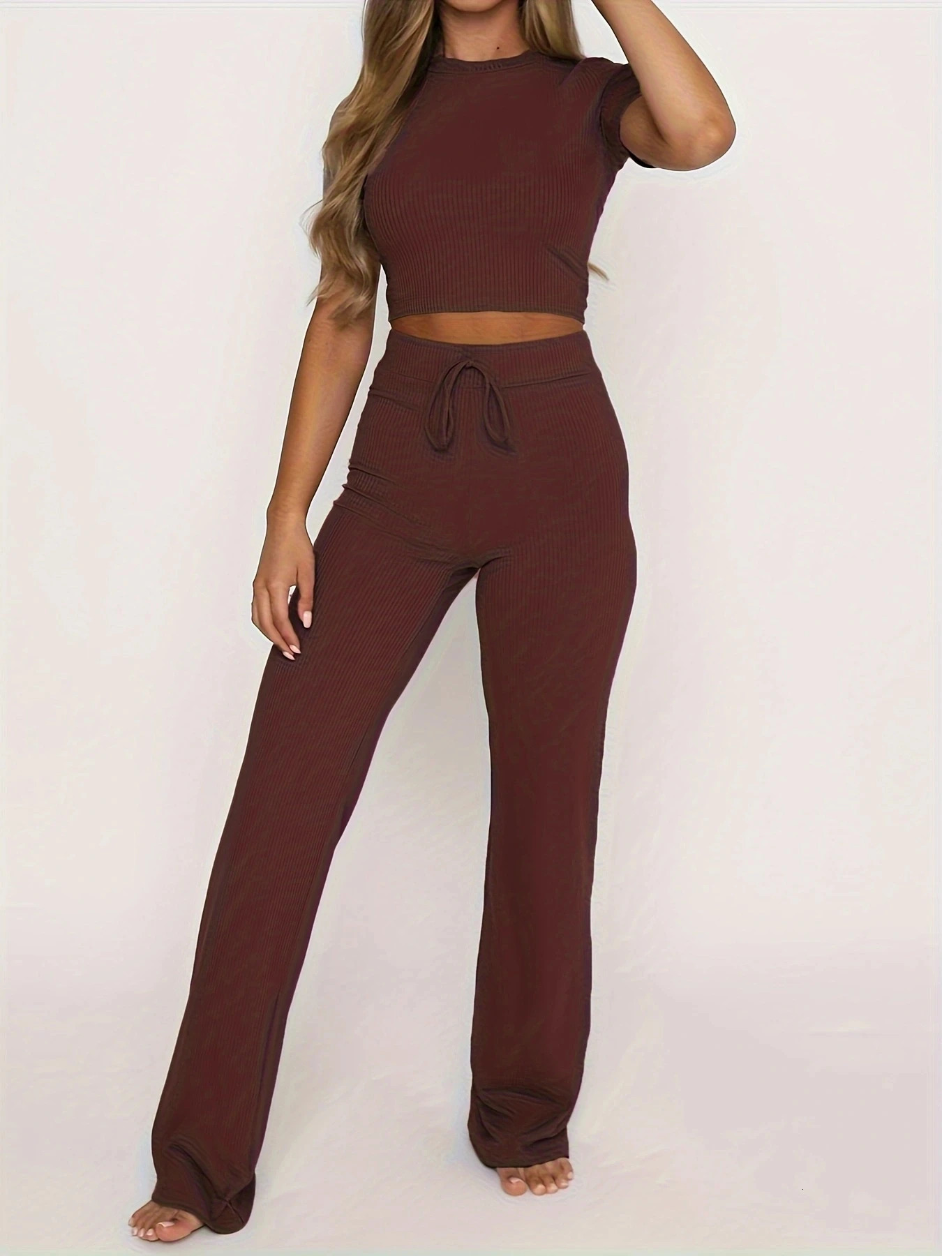 womens solid color crop sexy open Umbilium fashionable casual pocket ultra-thin suitable for pants set 2-piece set for women 241230