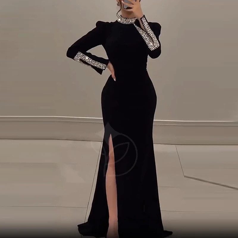 Women Elegant Solid High Slit Party Dress Temperament Long Sleeve Slim Evening Gala Turtleneck Rhinestone Banquet Dresses 250103