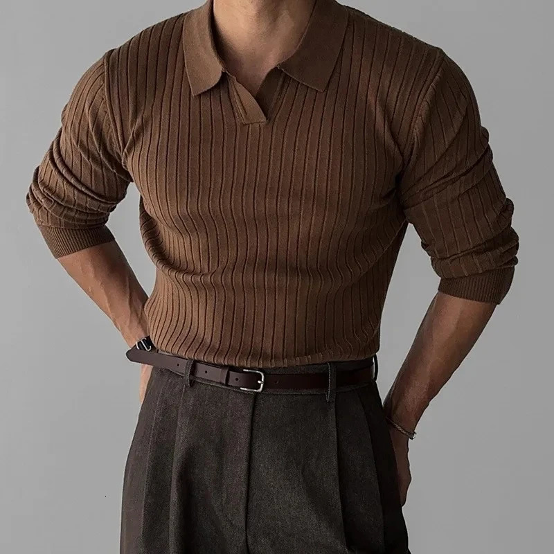 Autumn Mens Light turn-down collar Knitted Polo Shirt Solid Color Long-sleeved Pullover Leisure Knitwear Streetwear 241224