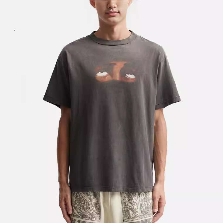 New Washed Old Eye Pattern Printed T-shirt for Men's Couples Loose Short sleeved Summer