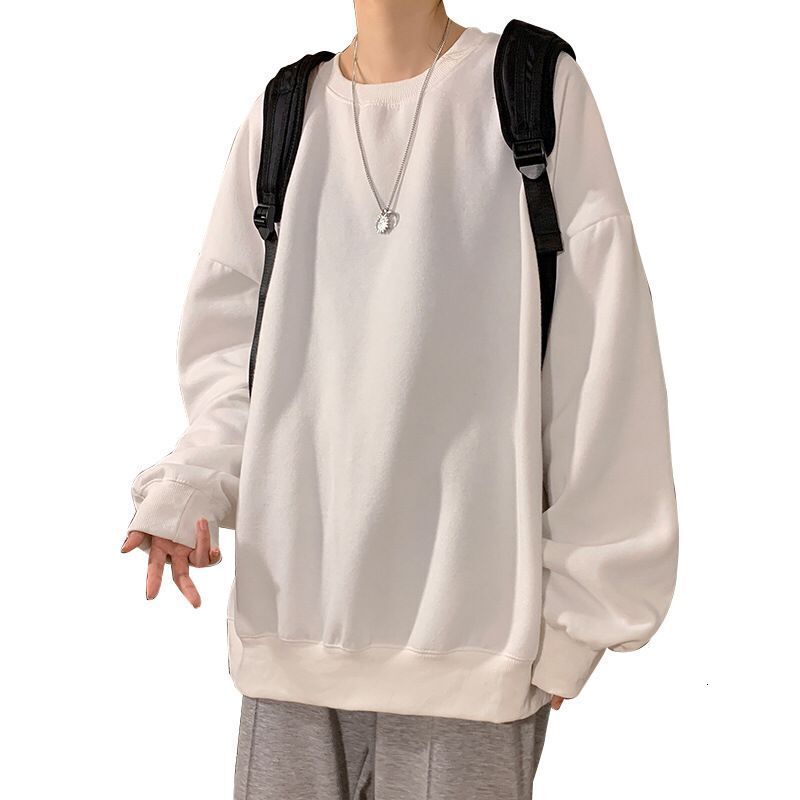 Round neck sweater mens fashion ins white long sleeved t-shirt trend versatile loose new boys spring and autumn clothes